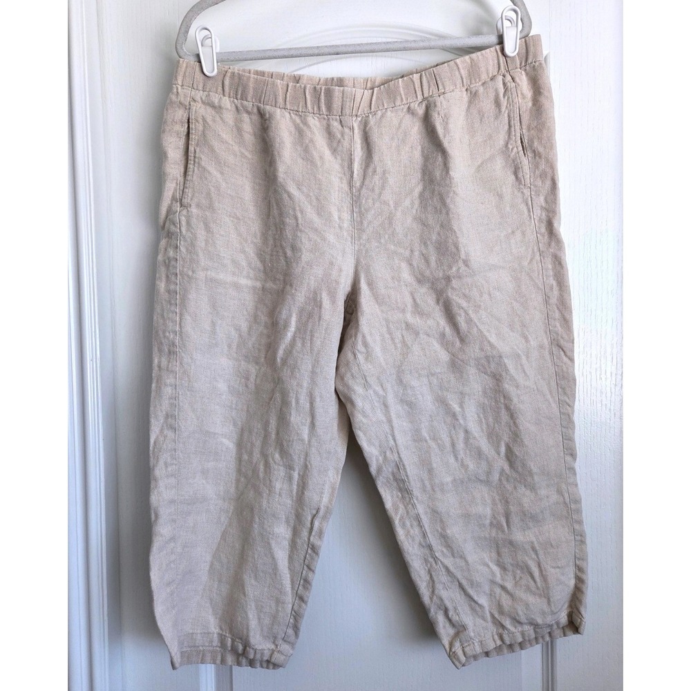 J.Jill Love Linen Beige Pull On Elastic Waist Cropped‎ Ankle Pants Sz L Petite